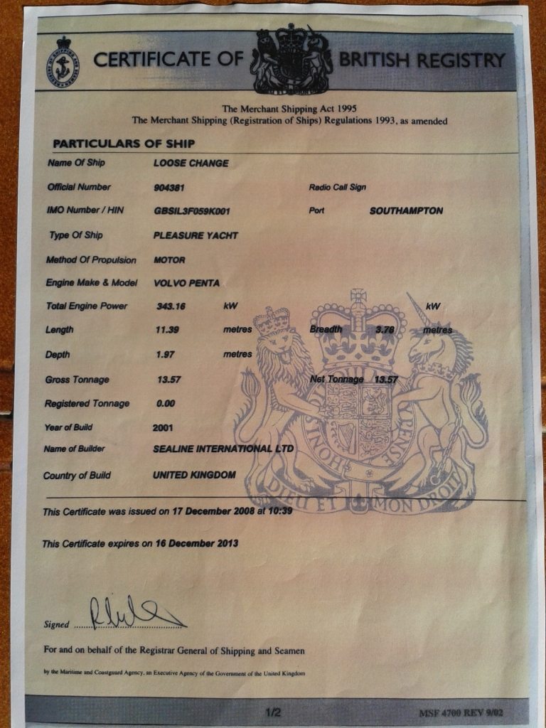 Certificate of British Registry exp. 16-12-13 - Princess Motor Yacht Sales